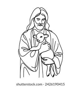 vector linear image of Jesus with a lamb in his arms on a white background