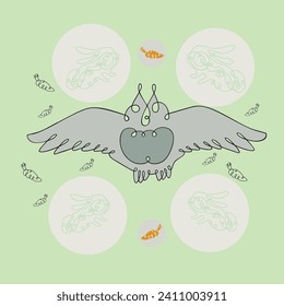 Vector linear image of an owl with a rabbit and a carrot. Modern art of continuous lines, aesthetic contour.