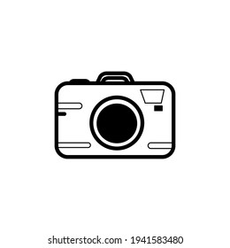 Vector linear image photo camera for vacation or travel and trip for black and white print on postcards and items