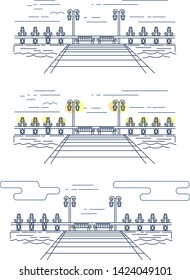 Vector linear image of the pier on the water, with lighting elements in the form of lanterns, benches and parapet