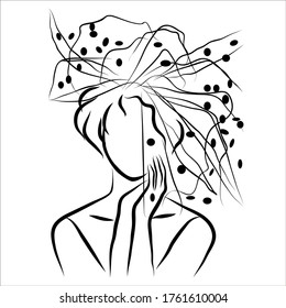 Vector linear image of a portrait of a lady in a hat with a veil. Vintage stylish illustration.