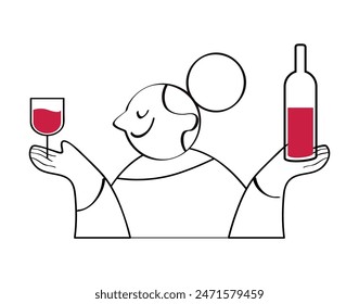 Vector linear image of woman with wine.