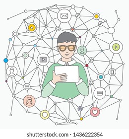 Vector linear image of the young man with computer in hand with an internet connection and a series of linear icons