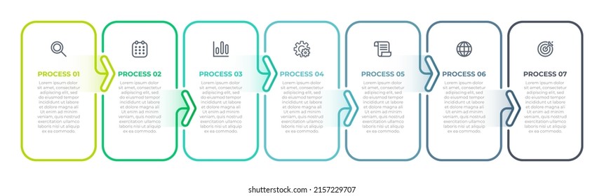 Vector linear infographic label design with icons and options. Timeline process with 7 steps. 