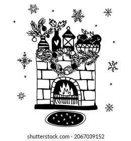 Vector linear, isolated doodle illustration with the concept of winter, Christmas, New Year. It depicts a stone fireplace with a festive decoration, design. Snowflake background. 