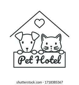 Vector linear isolated icon pet hotel emblem with dog and cat in booth