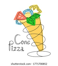 Vector linear isolated pizza cone on stand with sauce, pizza knife. Fast food concept, modern recipes, serving in cafes, restaurants. It can be used in web design and social networks. Square format.