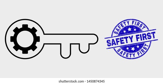 Vector linear key gear pictogram and Safety First seal. Blue rounded grunge seal stamp with Safety First phrase. Black isolated key gear pictogram in contour style.