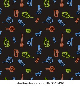 Vector linear kitchen Doodle background. Multi-color pattern image design for pizzeria or kitchen. Kitchen textile backing, aprons, towels, cartoon wall painting Doodle hand drawn line. Vector