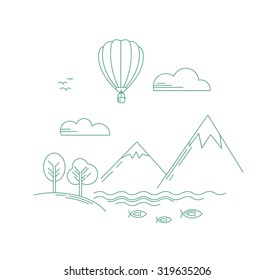 Vector linear landscape with aerostat flying under the mountains