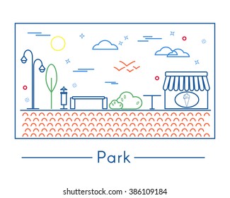 Vector Linear Landscape Design Elements Set in Line Style - street lamp, bench, trash can, tree, bushes, grass, table, ice-cream shop. Thin line art icons. City and park design elements for map. 