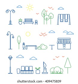 Vector Linear Landscape Design Elements Set in Line Style - street lamp, bench, trash can, trees, swing, clouds, grass, plant, sun, birds. Thin line art icons. City and park design elements for map. 