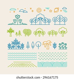 Vector linear landscape icons in trendy mono line style - trees, flowers, clouds