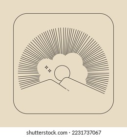 Vector linear line art sun with faces logo, insignia or emblem design template. Abstract design element for decoration in modern minimalist style for graphic print, social media or greeting post card.