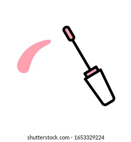 Vector linear lipgloss brush icon with black stroke, white and pink fill. Lipgloss applicator leaves a pink strokes on a white background