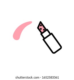 Vector linear lipstick icon with black stroke, white and pink fill. lipstick leaves a pink strokes on a white background