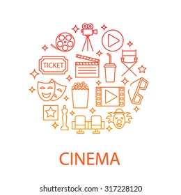 Vector linear logo design template - cinema concept in outline style.