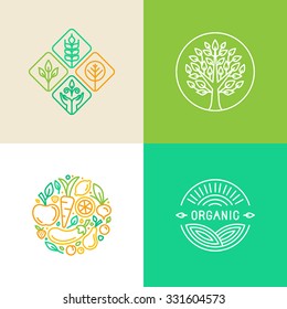 Vector linear logo design template and badges - organic food and farming - green and vegan food concepts