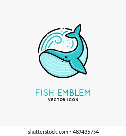 Vector linear logo and emblem -  whale - fish abstract design elements