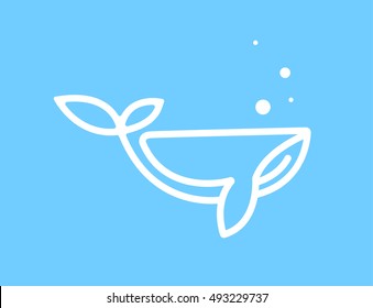 Vector linear logo and emblem - whale - fish abstract design elements on a blue backgrund