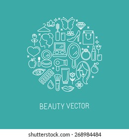 Vector linear logo with icons - beauty and cosmetics signs and symbols - design concepts for hairdressers and wellness centers