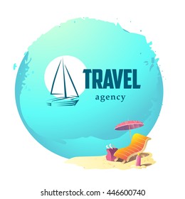 Vector linear logo for travel agency isolated on summer sea holiday green background with water, sunbed, umbrella, bag and sun cream stand on sand beach. Yacht flat icon. Colorful summer backdrop.