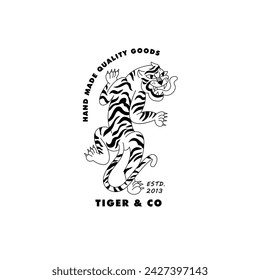 Vector linear logo with walking tiger and head of tiger illustrations. Template sign and symbol