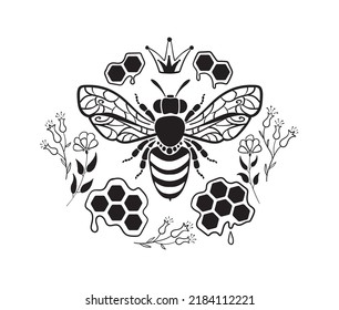 Vector linear magical composition: bee, plants, flowers, honeycomb. Can be used as a label, sticker, print on textile or paper, brand logo.