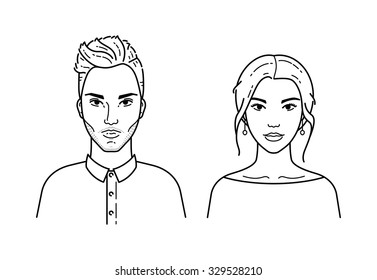 Vector linear man and woman character portrait set