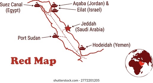 Vector linear map of the Red Sea maritime routes in red color theme. Professional infographic featuring critical shipping ports including Suez Canal Egypt, Jeddah Saudi Arabia, Port Sudan and Aqaba. Strategic trade map with cargo ship icons and navigation lines for logistics and global supply chain education.