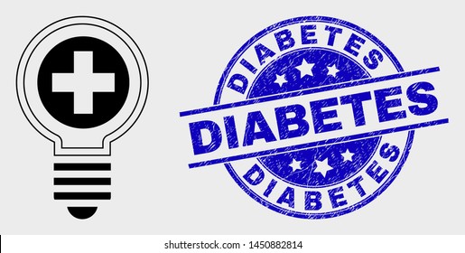 Vector linear medical bulb icon and Diabetes stamp. Blue round grunge stamp with Diabetes message. Black isolated medical bulb icon in linear style.