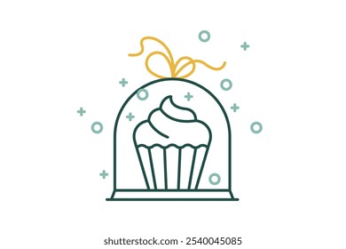 Vector linear minimalistic illustration - cupcake icon - gift cake packaged. Muffin sign, bow gift isolated, Birthday present, Christmas pie, New Year package, Holidays confectionery emblem