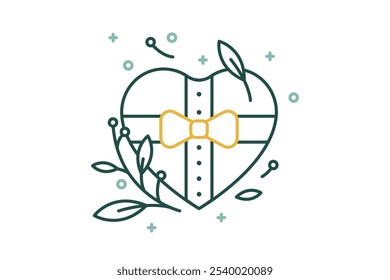 Vector linear minimalistic illustration. Heart box gift, ribbon, bow gift isolated - Birthday presents - Christmas sale, New Year package, Holidays shopping icon. Gifts delivery service sign