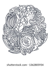 vector linear mix of birds and flowers. Can be used as coloring book template