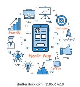 Vector linear Mobile Application concept. Smart phone with ui web design and user account for succesful business dealing. New technology for best start up. Web round banner on white background