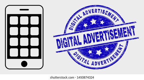 Vector linear mobile phone icon and Digital Advertisement seal. Blue round scratched watermark with Digital Advertisement caption. Black isolated mobile phone icon in linear style.