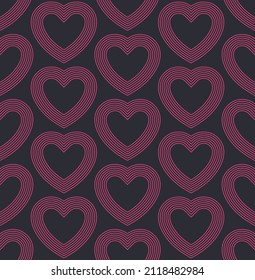 Vector Linear Modern Pink Hearts Valentine's Day Background Seamless Pattern Resumen de fondo retro. Símbolo de amor gráfico de contorno de texto repetitivo sutil. Ilustración de arte Teselada