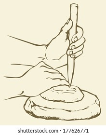 Vector linear monochrome illustration. Primitive people make stone tools