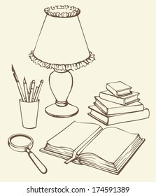 Vector linear monochrome still life. Set of items for study: books, magnifying glass, lamp and  pens in holder