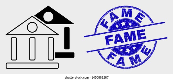 Vector linear museum buildings pictogram and Fame seal stamp. Blue round textured seal stamp with Fame phrase. Black isolated museum buildings icon in contour style.