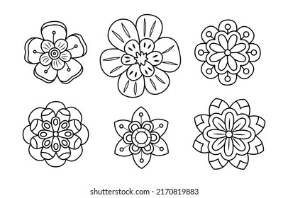 Vector linear naive flowers. Isolated outline flowers head collection for coloring