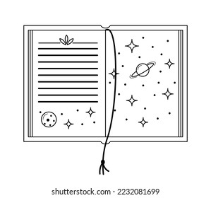 Libro abierto lineal vectorial con ilustración de espacio exterior. Texto de esquema aislado de astrología