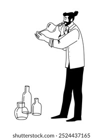 Vector linear outline drawing, coloring page of a glassblower creating bottles, showcasing the profession