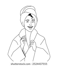 Vector linear outline drawing of a girl in a bathrobe with a towel on her head, spa, shower