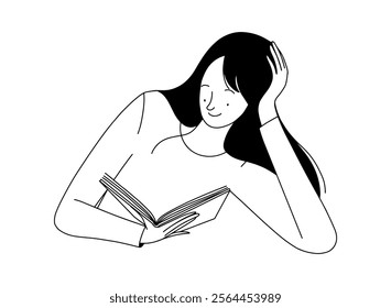 vector linear outline illustration, a cheerful girl reading a book with her head resting on her hand. Vector illustration