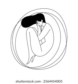 vector linear outline illustration, a cheerful girl sweetly sleeping curled up like a cat, in a round bed. Vector illustration