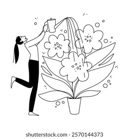 vector linear outline illustration, a cheerful girl watering a large blooming indoor plant with flowers