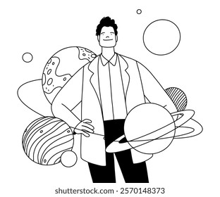 vector linear outline illustration, coloring, a young scientist in a suit standing proudly, with planets and stars orbiting around him, astronomer minimalistic line illustration