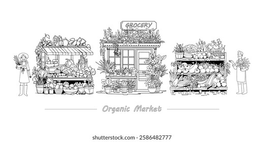 Ilustración de contorno lineal de Vector, página para colorear, mercado de verduras, productos agrícolas, mercado orgánico, supermercado, agricultores con verduras, frutas y verduras