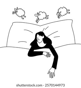 vector linear outline illustration, a girl counting sheep before bedtime lying in bed on a large pillow